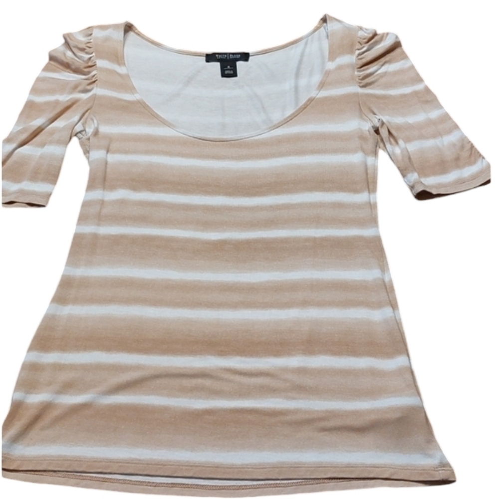 White House Black Market Taupe Tan White Striped T-shirt S EUC